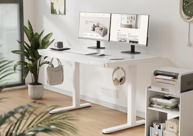 Claiks Glass Standing Desk with Drawers, 48×24 Inch Adjustable Stand Up Desk, Quick Install Home Office Computer Desk with USB Ports, White - Image 2