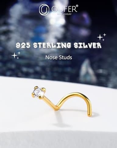 OUFER 925 Sterling Silver Nose Studs, Bone L Screw Shaped Nose Rings, 20G Nostril Solid 2mm Round CZ Nose Piercing Jewelry for Women Men-Screw Shaped Gold - Image 5