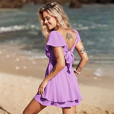 EXLURA Women's 2023 Summer Ruffle Short Sleeve Tie Back Rompers Square Neck A-Line Flowy Wide Leg Cute Dressy Mini Jumpsuits - Image 2