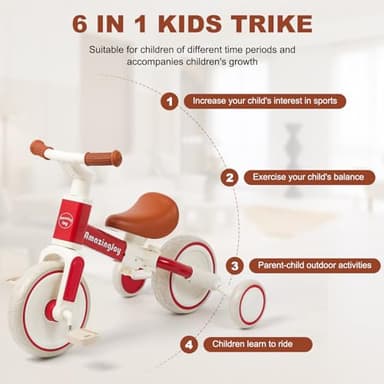 6 in 1 Toddler Tricycle with Push Handle Kids Tricycle for 2-5 Year Olds Toddler Bike for 1 Year Trikes for Kids 1-3 with Removable Pedal Adjustable Seat Birthday Gift Trike 1 to 3 Tricycle Red - Image 5