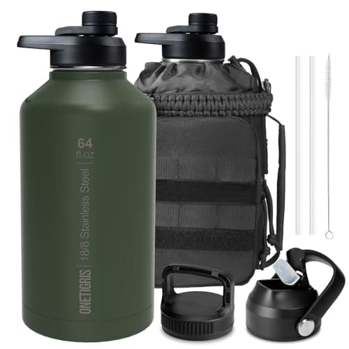 ONETIGRIS Tactical Half Gallon Water Bottle with Straw - 64 oz Vacuum Insulated Stainless Steel Water Jug, Leakproof Sport Bottle with 3 BPA Free Lids, Paracord Handle & MOLLE Water Pouch for Outdoor - Image 1