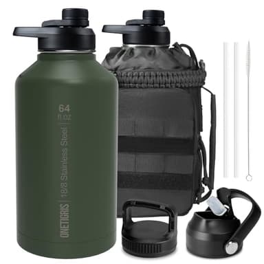 ONETIGRIS Tactical Half Gallon Water Bottle with Straw - 64 oz Vacuum Insulated Stainless Steel Water Jug, Leakproof Sport Bottle with 3 BPA Free Lids, Paracord Handle & MOLLE Water Pouch for Outdoor - Image 1