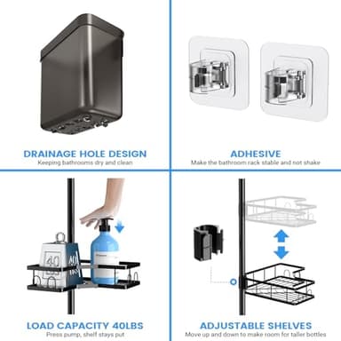 Aitatty Corner Shower Caddy Tension Pole: 4tier adjustable Rustproof Bathroom Organizer Shelves - Bathtub shampoo rack 43.5-120 inch - Image 5