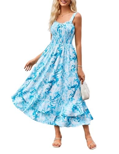 GRACE KARIN Women's 2025 Summer Floral Boho Dress Square Neck Strapped Swing A Line Sundress Beach Long Maxi OutfitsBlue Ripple L - Image 1
