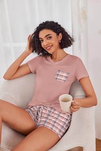 Ekouaer Womens Pajama Sets Short Sleeve Pajamas for Women Sets Soft Lounge Sets Casual V Neck Sleepwear PJS Pink Plaid - Image 3