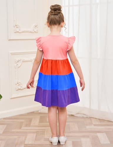 Toddler Girl Dress Summer Cotton Ruffle Short Sleeve Tiered Swing Twirly Casual Sundress Dresses for Girls Clothes Clothing with Pockets Red Color Block 4t - Image 5