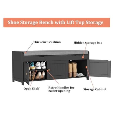HOMEFORT 41.3" Shoe Bench with Lift Top Storage, Entryway Bench with Cushioned Seat, Wooden End of Bed Bench, Shoe Cabinet Bench with Hidden Storage Space, for Bedroom, Hallway,Black - Image 8