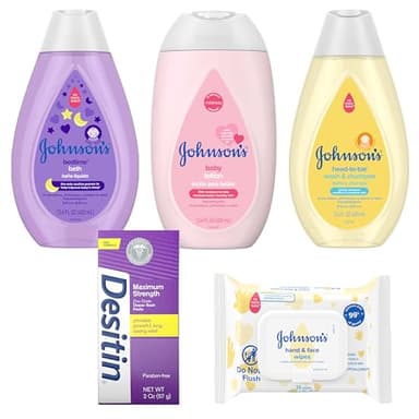 Johnson's Baby Here Comes Baby Gift Set, Baby Essentials for New Parents with Moisturizing Lotion, Bedtime Bath, Body Wash & Shampoo, Hand & Face Wipes, & Diaper Rash Cream, 5 Items - Image 4