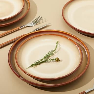 Pokini Ceramic Dishes Set for 8, 24 Piece Stoneware Dinnerware Sets, Chip and Scratch Resistant, Easy to Stack & Clean, Modern Rustic Look, Brown Yellow - Image 3