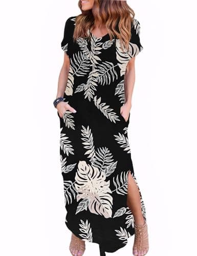 Zilcremo Women Summer Casual Maxi Dress Loose Pockets Short Sleeve Split Boho Dresses Beigeleaf S - Image 1