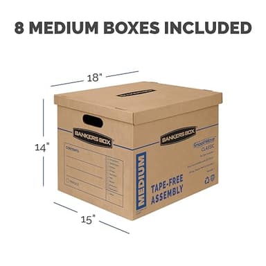 Bankers Box Medium Classic Moving Box 8 Pack, Reinforced Handles, Tape-Free Assembly, Box with Lid, 19-in x 14.5-in x 15.5-in (7717201) - Image 3