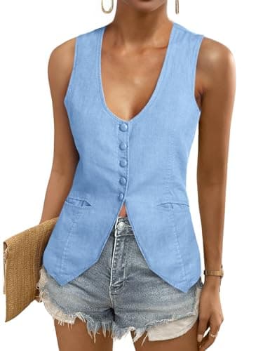 Tankaneo Womens Scoop Neck Blazer Vest Summer Linen Sleeveless Fitted Waistcoat Work Casual Cotton Suit Tops - Image 1