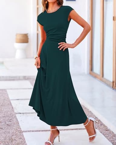 BTFBM Women Two Piece Skirt Set Summer 2025 Casual Vacation Crew Neck Short Sleeve Cropped Top Elastic Waist Midi Skirts(Dark Green, X-Large) - Image 5