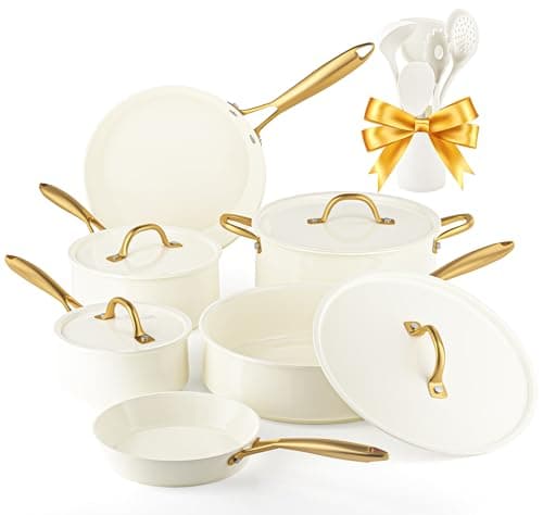 Pots and Pans Set Non Stick - VONIKI Ceramic Cookware Set with Cooking Utensils Set, Non Toxic Kitchen Cookware Sets Dutch Oven Pot with Lid Saucepan Set Sauté Pan Frying Pan Set for Cooking Gifts - Image 1