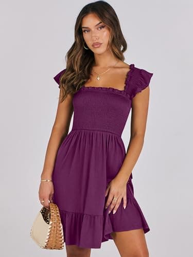 ANRABESS Women's Summer Casual Sleeveless Square Neck Dress 2025 Smocked Ruffle Backless Boho Beach Cute Teen Short Sundress Purple Red Large - Image 3
