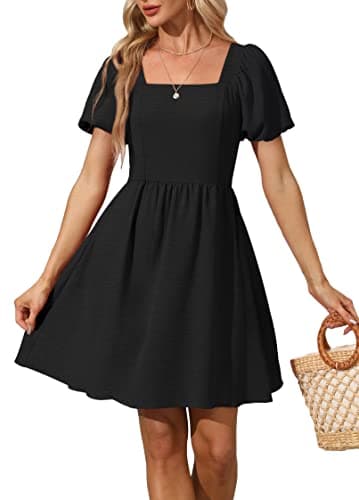 OFEEFAN Plus Size Dresses for Women Black Summer Chiffon Puff Sleeve Square Neck Dress with Tie Bow XXL - Image 1