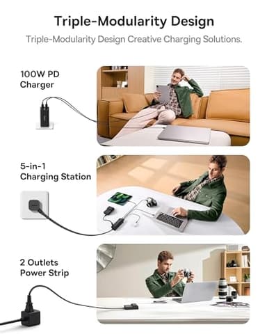Baseus Charging Station 100W, 5 in 1 Travel Power Strip USB C Charger, with 5ft Detachable Extension Cord, Flat Plug, 2 Outlets AC Power for Cruise, Home, Dorm and Office - PowerCombo Mini - Image 2