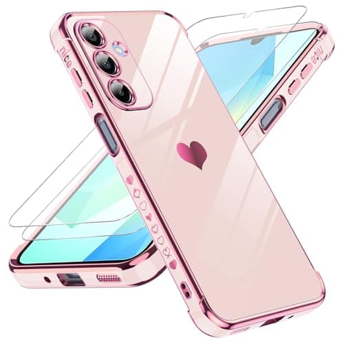 LeYi for Galaxy A16-5G Phone Case: Tempered Glass Screen Protector [2 Pcs]+ Full Camera Lens Protection,Love Heart Plating Luxury Shockproof Phone Case para Samsung A 16 5G Cute,Pink - Image 1