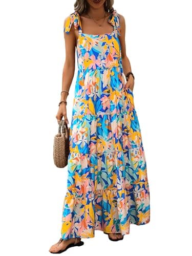 PRETTYGARDEN Summer Dresses for Women 2025 Sleeveless Spaghetti Strap Long Floral Maxi Dress Boho A Line Beach Sundresses(Multicolored Blue,X-Large) - Image 1