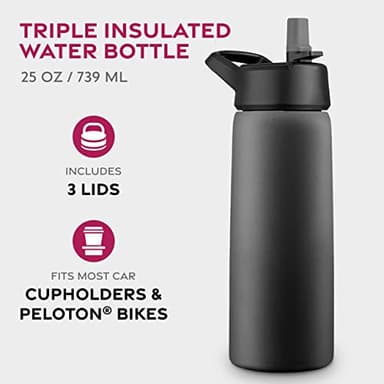FineDine 25 Oz Insulated Water Bottle with Straw - Triple Walled Stainless Steel Metal Bottle W/ 3 Leak Proof Lids - For Travel, School, Sports, Gym/Men, Women & Kids - Inky Raven Black - Image 2