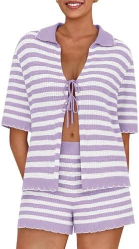 Womens 2 Piece Pajama Set Striped Knit Lounge Sets Short Sleeve Tie Front Top and Shorts Set 2025 Summer Outfits - Image 4