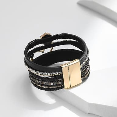 Leopard Bracelet for Women, Boho Leather Wrap Multi-Layer Pearl Crystal Bracelet Bangle Jewelry (Heart Leather(Black)) - Image 6