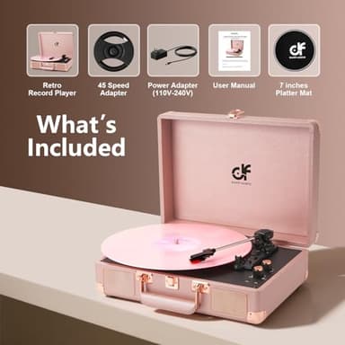 Vinyl Record Player 3-Speed Portable Suitcase Record Player with Built-in Speakers, Headphone Jack, RCA-Out/AUX-in, Vintage Belt-Driven Turntable, Pink & Rose Gold - Image 7