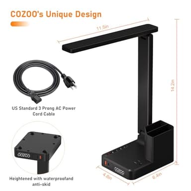 Desk Lamp,Desk Lamps for Home Office,COZOO LED Desk Lamp with 2 USB Charging Ports,2 Pen Holders,1 Outlet,3 Color 3 Brightness Levels,Touch/Memory/Timer,LED Desk Light Small Desk Lamp Kids Study Lamp - Image 9