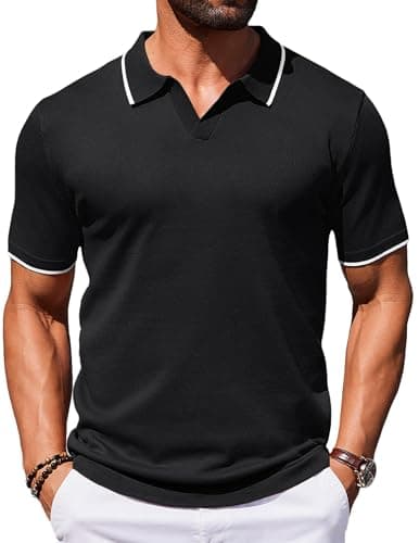 COOFANDY Mens Polo Shirts Short Sleeve Casual Knit Polo Shirt Vintage Golf T Shirts Old Money Tops Black - Image 1