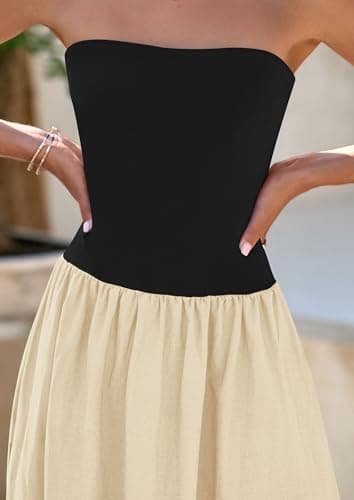 PRETTYGARDEN Women's 2025 Spring Strapless Maxi Dresses Patchwork Long Flowy Pockets Elegant Going Out Summer Tube Top Dress (Apricot,Small) - Image 5