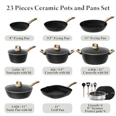 Bazova 23 Pcs Pots and Pans Set, Non Stick Ceramic Cookware Set with 3 Frying Pans, Healthy Non-Toxic, Large Capacity,Induction Compatible, PFAS/PTFE/PFOA Free, Black - Image 3