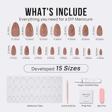 BTArtbox Press On Nails Almond - Press On nails with 3D Gold Lines Design, Medium Glue On Nails with Nail Glue, Gold Swirl Stick On Nails in 15 Sizes, Radiant Ribbons - Image 5