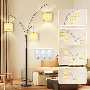 DLLT Modern Floor Lamp for Room: 3-Light Black Tree Dimmable Floor Lamps with Beige Shades for Living Room - Arc Standing Lamp for Bedroom - Tall Floor Lamp for Office Corner 3 LED Bulbs Included - Image 1