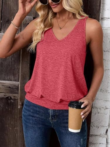 Sialois Womens Tank Tops Casual V Neck Sleeveless Spring Summer Clothes Solid Color Loose Fit Cute Y2K Outfit Basic Cami 2025 Fashion Shirts,Rose Red,Small Size - Image 4