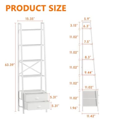 Furologee 5-Tier Ladder Shelf with 2 Drawers,Narrow Bookshelf Storage Shelves,Industrial Bookcase Freestanding Rack Units for Bedroom,Living Room,Bathroom,Home Office,Balcony,Wood Metal, White - Image 3