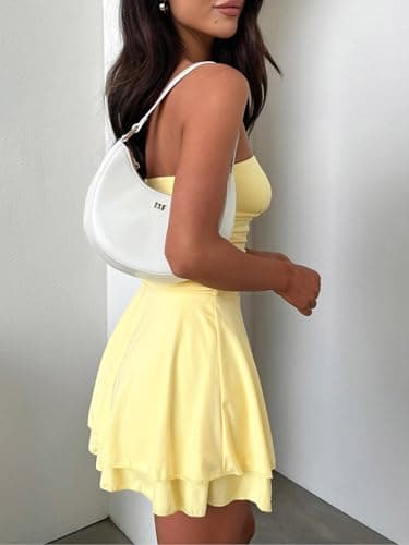 Women Sexy Tube Top Silk Dress Strapless Ruched Basque Waist Ruffle Layer Mini Dress Jumpsuit Party Dresses Light Yellow - Image 3