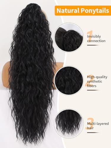 ORSUNCER Ponytail Extension Claw 30" Curly Pony Tail Clip in Hair Extensions Fluffy Natural Looking Synthetic Hairpiece for Women Black - Image 2