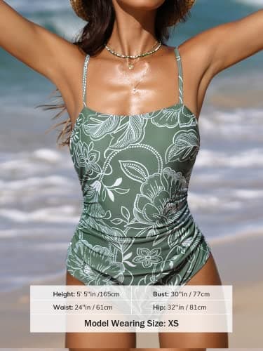 CUPSHE Women Swimsuit One Piece Bathing Suit Square Neck Cutout Back Tummy Control with Adjustable Spaghetti Straps, L Green Floral - Image 4