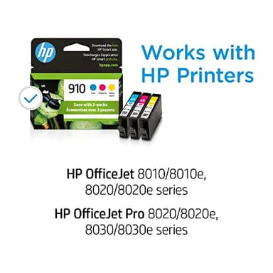 HP 910 Cyan, Magenta, Yellow Ink Cartridges for HP Printers (3-pack) | Works with Printer Series: OfficeJet 8010, 8020 Series, OfficeJet Pro 8020, 8030 | Eligible for Instant Ink | 3YN97AN - Image 2