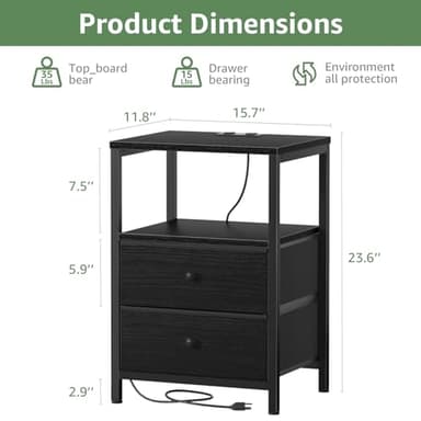 BOLUO Black Nightstand with Charging Station, LED Night Stand with 2 Fabric Drawers, Bedside Table with USB Ports and Outlets, Nightstand for Bedroom Modern - Image 3