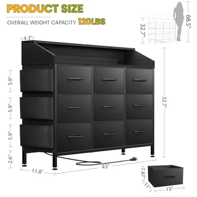 Black TV Stand Dresser for Bedroom 9 Drawers - Fabric Dresser Chest of Drawers for Living Room Hallway Closet (Black PU) - Image 2