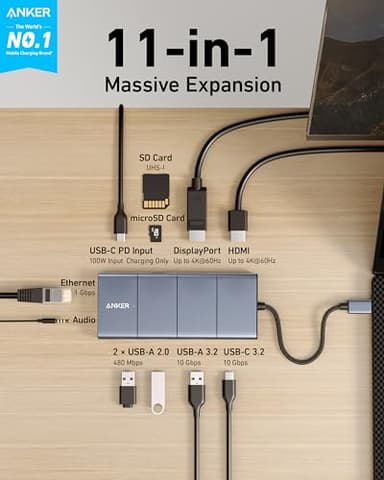 Anker USB C Hub, 11-in-1 Docking Station Dual Monitor, 10 Gbps USB-C and USB-A Data Ports, 4K HDMI and DisplayPort, 85W Power Delivery, 2 Data Ports, Ethernet, for XPS - Image 2