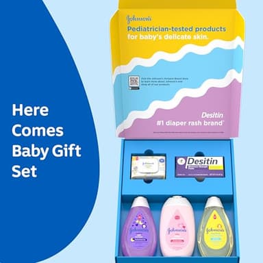 Johnson's Baby Here Comes Baby Gift Set, Baby Essentials for New Parents with Moisturizing Lotion, Bedtime Bath, Body Wash & Shampoo, Hand & Face Wipes, & Diaper Rash Cream, 5 Items - Image 2