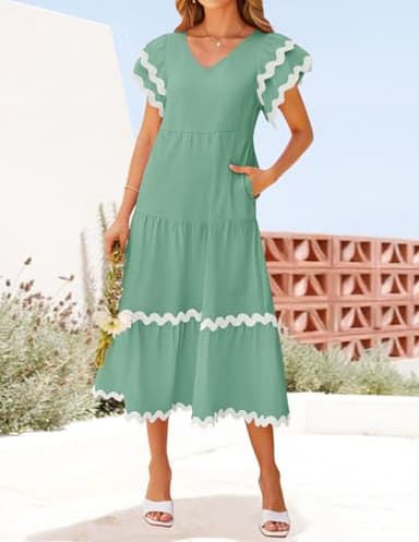 ZESICA Womens 2025 Summer Casual Midi Dresses V Neck Flutter Short Sleeve Ruffle Tiered A Line Flowy Beach Long Dress,Sage,Small - Image 7