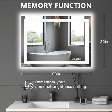 DUMOS 28"x 20" LED Bathroom Mirror with Lights, Dimmable Anti-Fog Front Lit Backlit Lighted Wall Mounted Rectangle for Vanity Makeup Memory Function Tempered Glass Shatter-Proof Horizontal&Vertically - Image 6