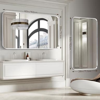 Minuover Brushed Nickel Bathroom Wall Mirror, Silver Metal Framed Large Rounded Corner Rectangle Mirror, Tempered Glass, Shatter Proof, Hangs Horizontally or Vertically (28" x 60", Silver) - Image 5
