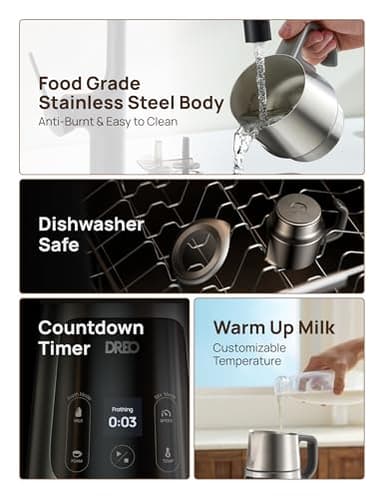 Dreo All-in-1 Milk Frother, Electric Foam Frother for Latte Art Microfoam and Coffee, 15oz/450ml Automatic Milk Warmer with 30 Drinks, Dishwasher Safe, Dairy/Plant-Based Milk - Image 7