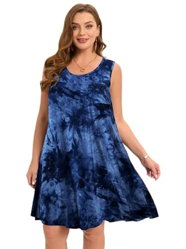 BELAROI Women Plus Size Summer Dresses Beach Sundress Casual Swing Scoop Neck Pleated Sleeveless Tshirt Tank Dress Tie Dye Swimsuit Cover Ups with Pockets(5X, T09-Dark Blue) - Image 2