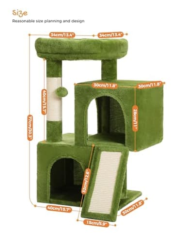 PAWZ Road Cat Tree, 30 Inches Cat Tower with Dual Condos for Indoor Cats, Plush Cat House with Padded Perch, Scratching Ramp and Posts and Replaceable Balls-Green - Image 6