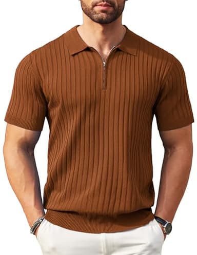 COOFANDY Men's Zipper Polo Shirts Short Sleeve Ribbed Knit Polo T Shirts Fashion Casual Golf Shirts Brown - Image 1